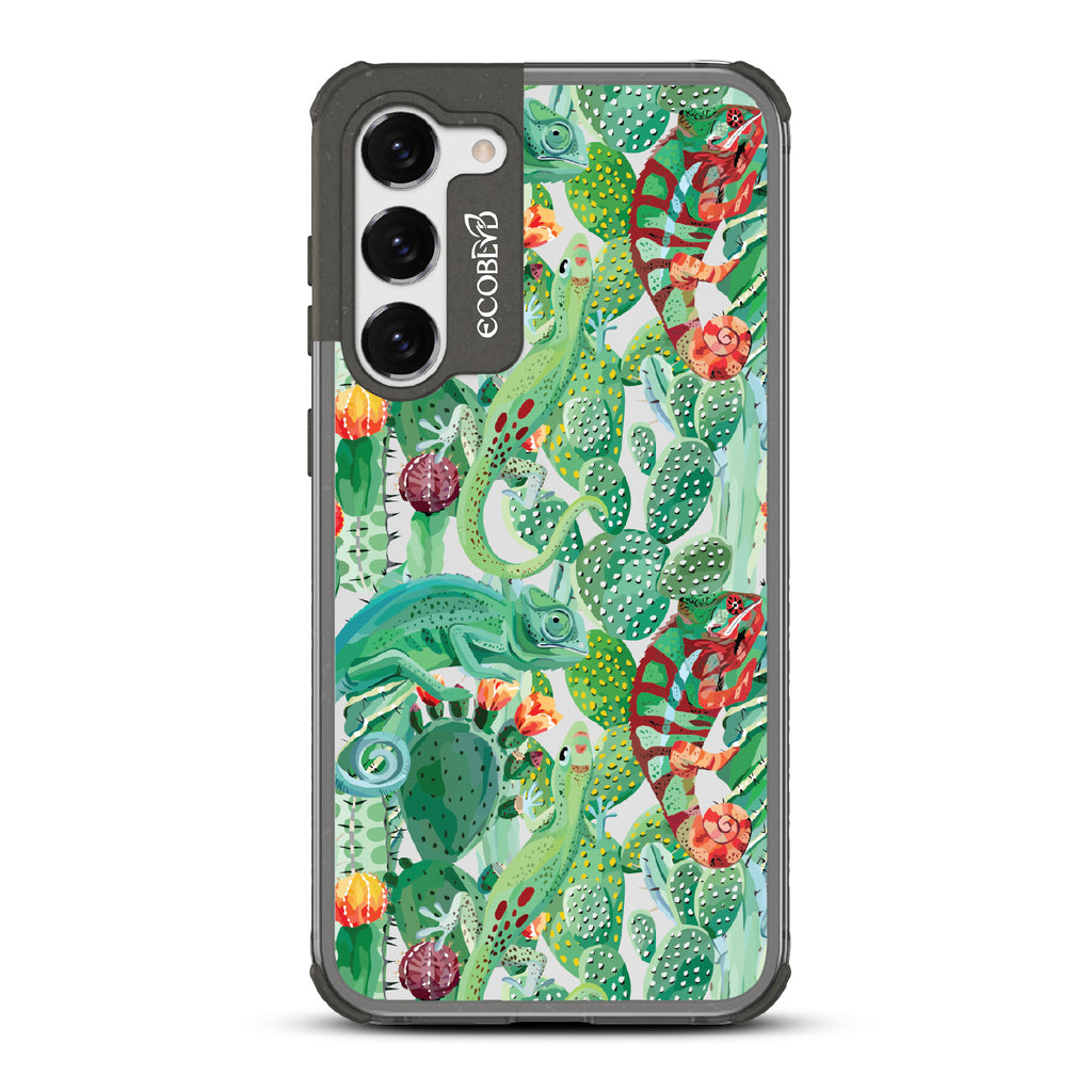 In Plain Sight - Black Eco-Friendly Galaxy S23 Case With Chameleons On Cacti On A Clear Back