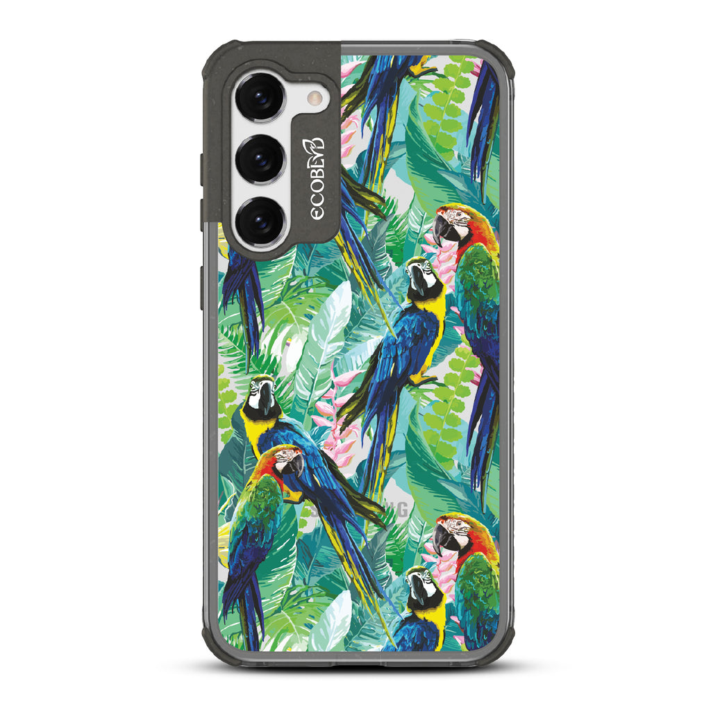 Macaw Medley - Black Eco-Friendly Galaxy S23 Plus Case With Macaws & Tropical Leaves On A Clear Back