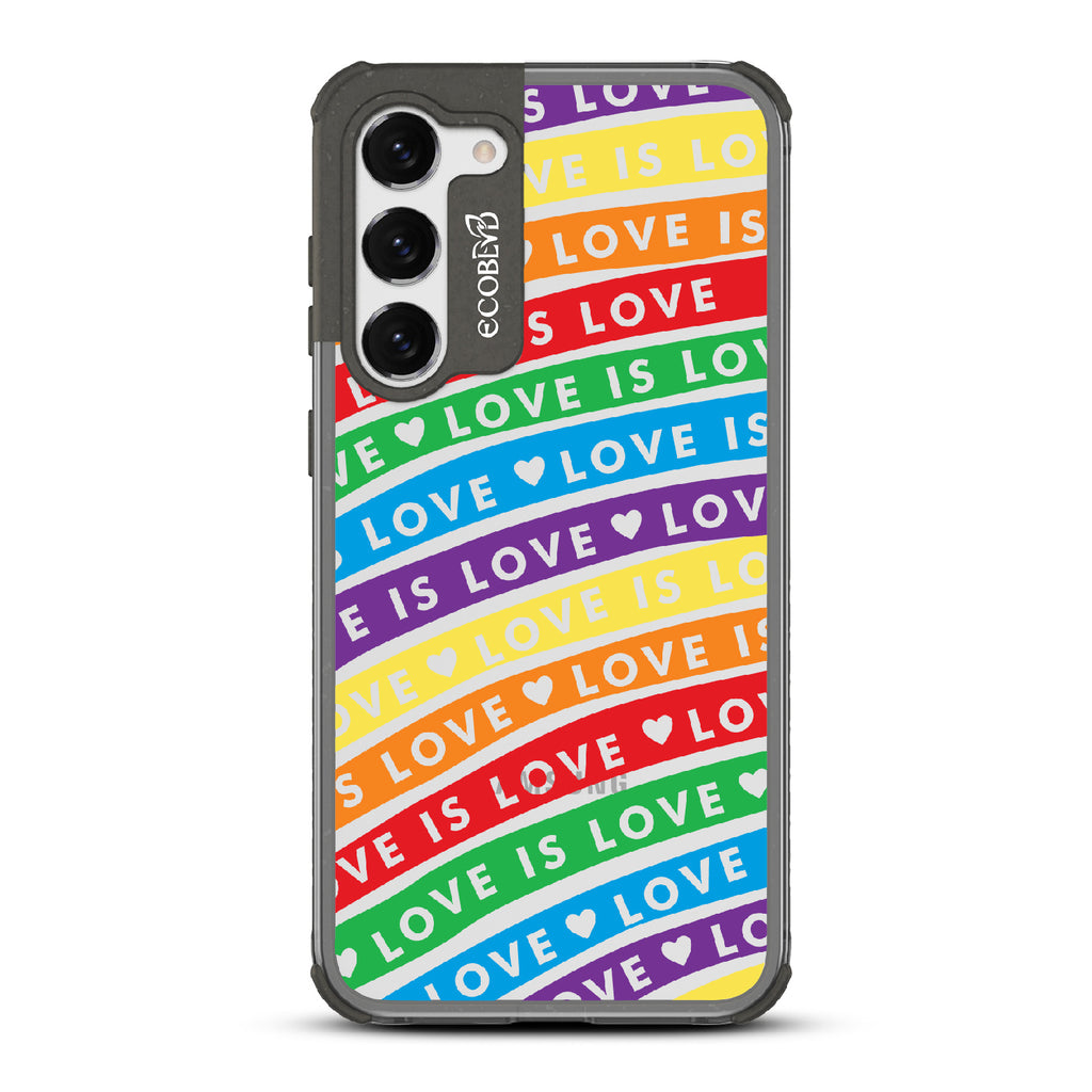 Love Unites All - Black Eco-Friendly Galaxy S23 Case With Love Is Love On Colored Lines Forming Rainbow On A Clear Back
