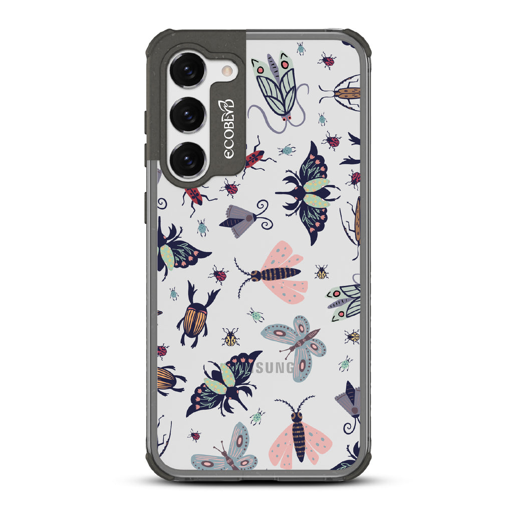 Bug Out - Black Eco-Friendly Galaxy S23 Case With Butterflies, Moths, Dragonflies, And Beetles On A Clear Back