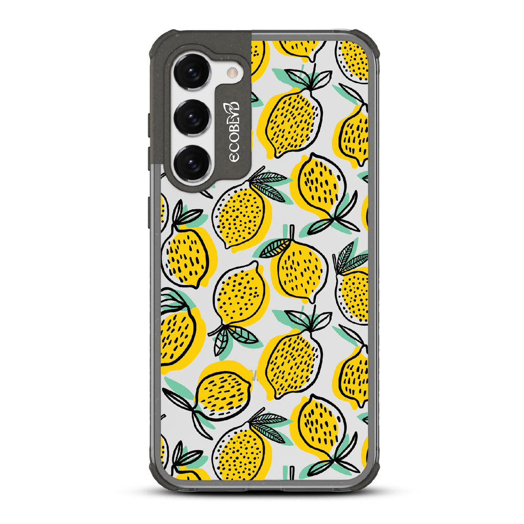 Lemon Drop - Black Eco-Friendly Galaxy S23 Plus Case With Retro Lemon Print On A Clear Back