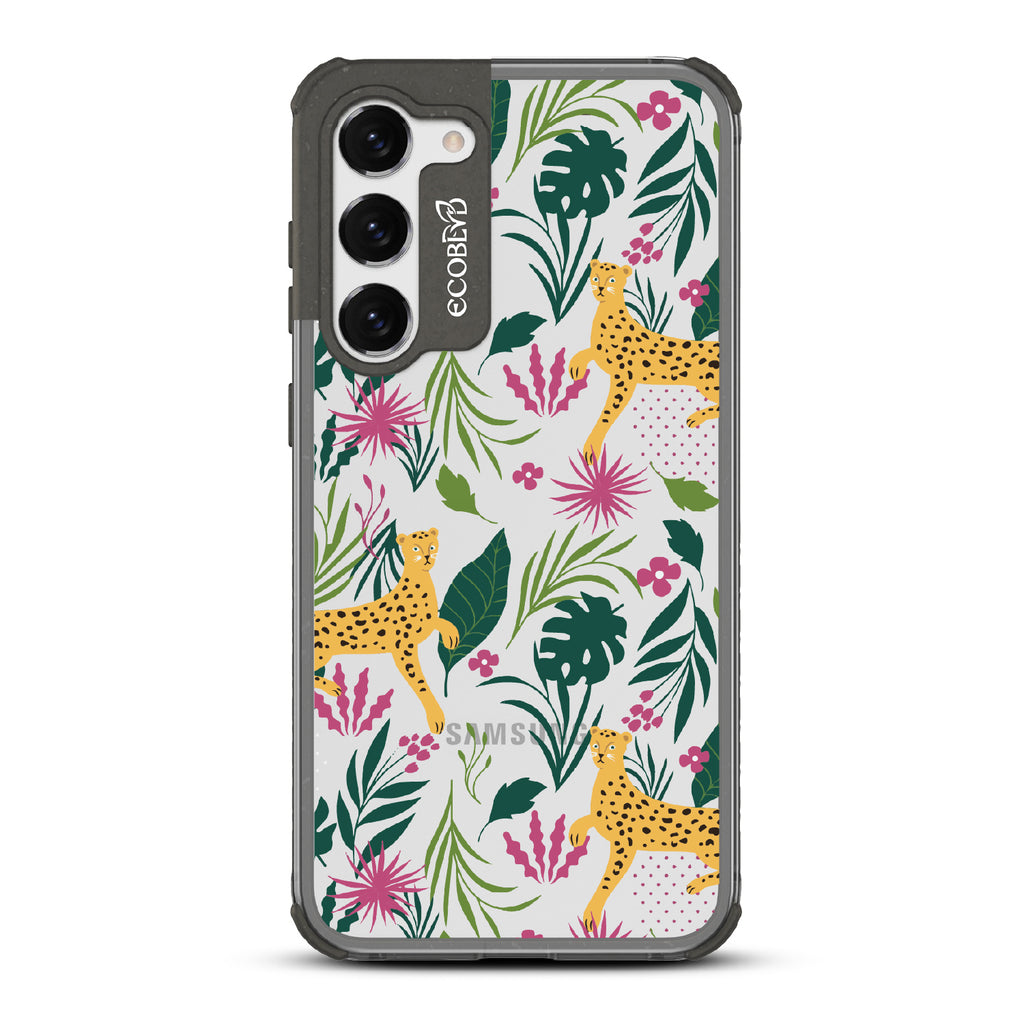 Jungle Boogie - Black Eco-Friendly Galalxy S23 Plus Case With Cheetahs Among Lush Colorful Jungle Foliage On A Clear Back