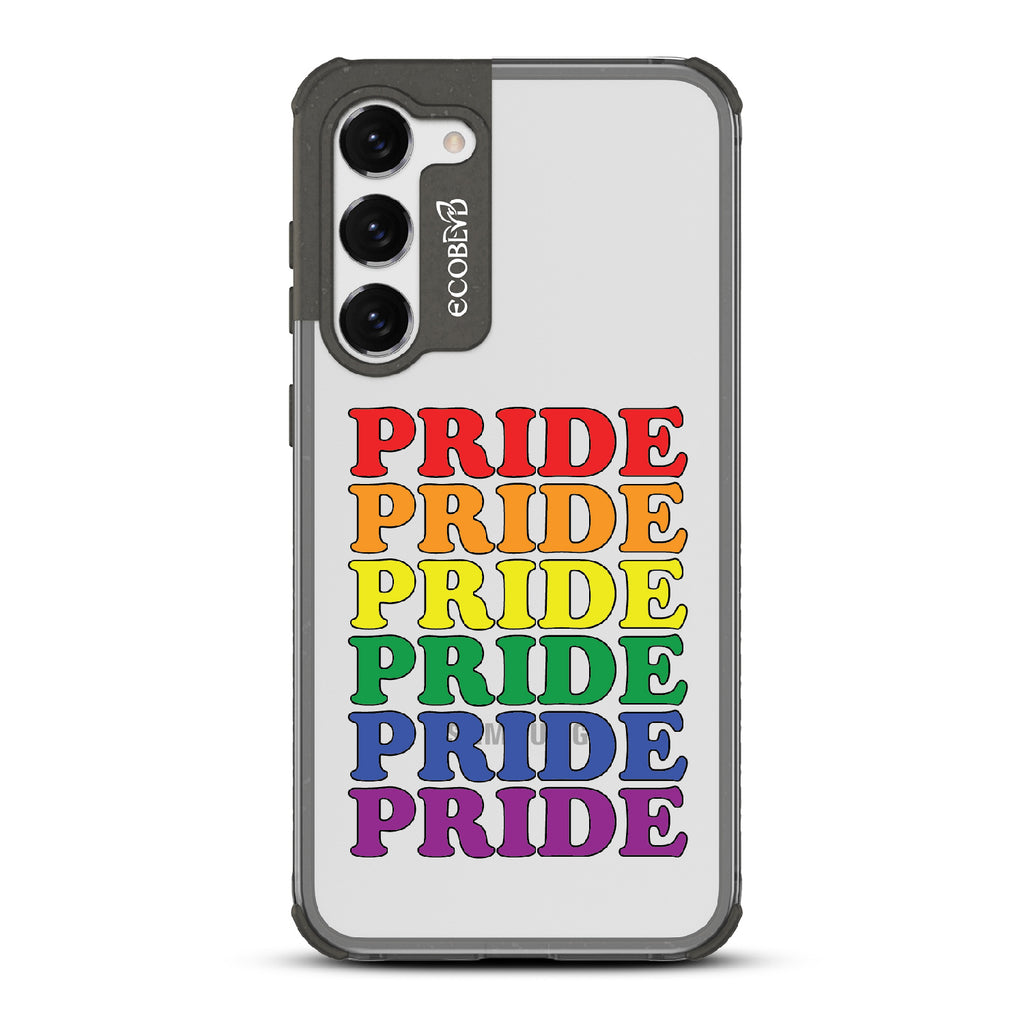  Pride Camp - Black Eco-Friendly Galaxy S23 Case With Pride Stacked In Multiple Rainbow Colors On A Clear Back
