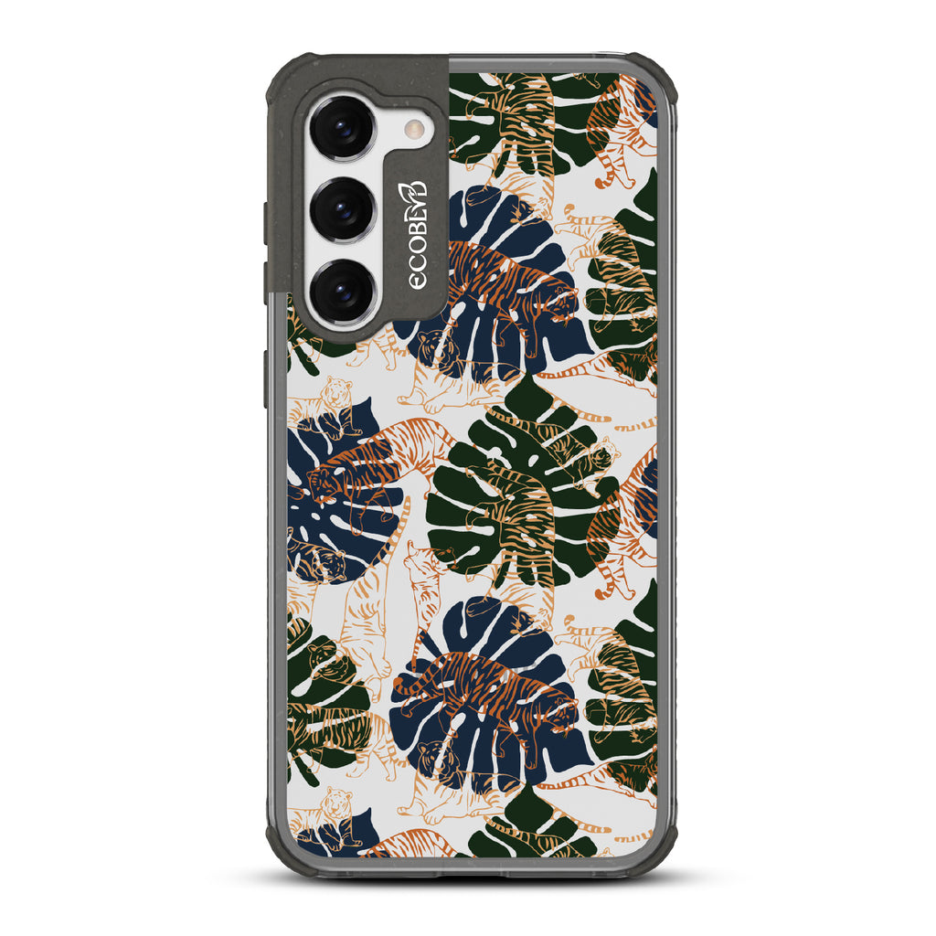 Tropic Roar - Black Eco-Friendly Galaxy S23 Plus Case With Jungle Leaves & Orange / Yellow Tiger Outlines On A Clear Back