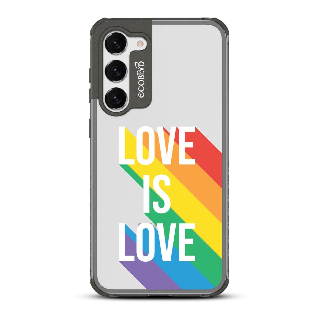 Spectrum Of Love - Black Eco-Friendly Galaxy S23 Plus Case With Love Is Love + Rainbow Gradient Shadow On A Clear Back