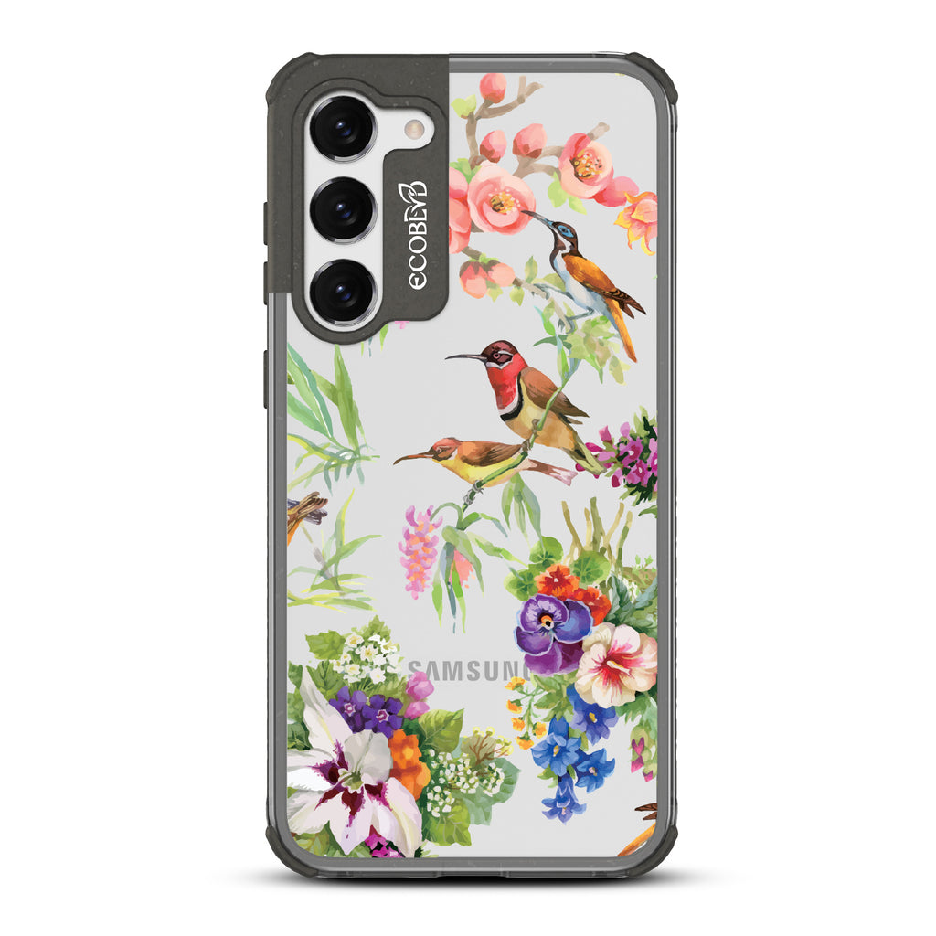 Sweet Nectar - Black Eco-Friendly Galaxy S23 Plus Case With Humming Birds, Colorful Garden Flowers On A Clear Back