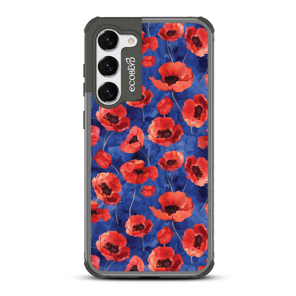 Samsung Galaxy S23 case, clear eco-friendly phone case with black ridges, back view, Dream Bouquet design