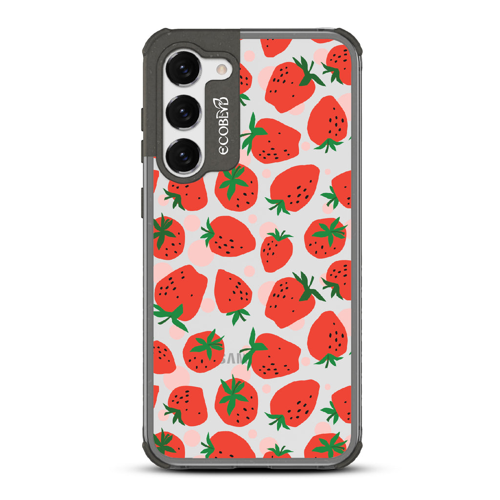 Strawberry Fields - Black Eco-Friendly Galaxy S23 Case With Strawberries On A Clear Back