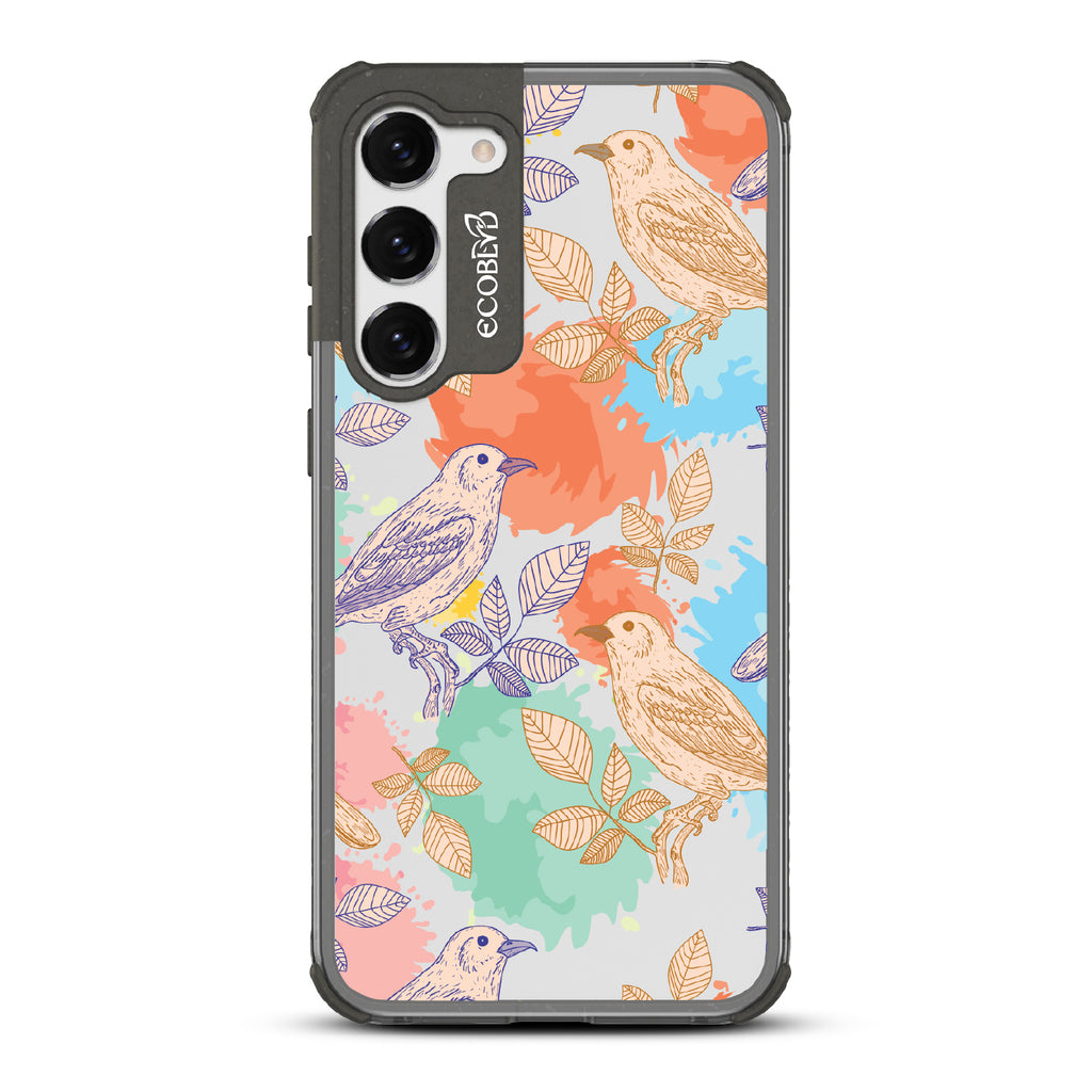 Perch Perfect - Black Eco-Friendly Galaxy S23 Case With Birds On Branches & Splashes Of Color On A Clear Back