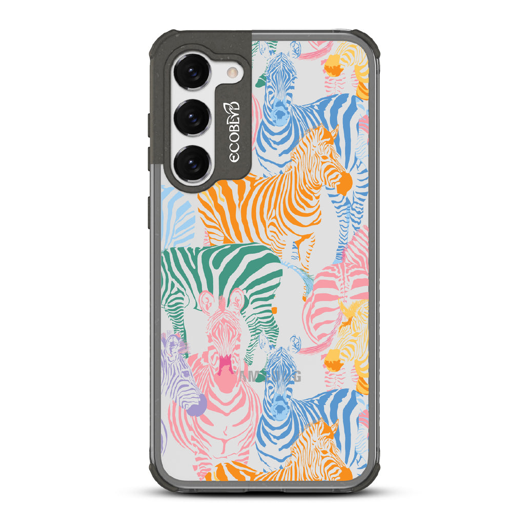 Colorful Herd - Black Eco-Friendly Galaxy S23 Case With Zebras in Multiple Colors On A Clear Back