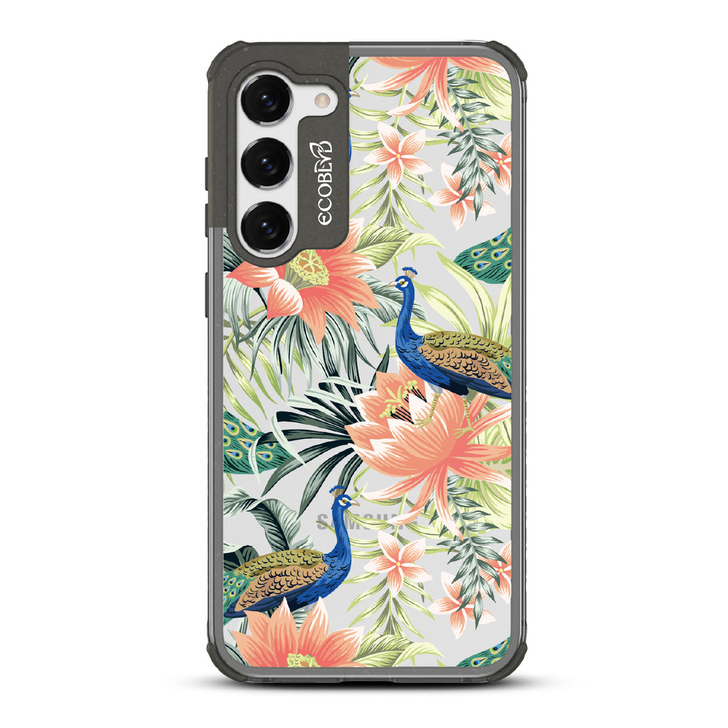 Peacock Palace - Black Eco-Friendly Galaxy S23 Plus Case With Peacocks + Colorful Tropical Fauna On A Clear Back
