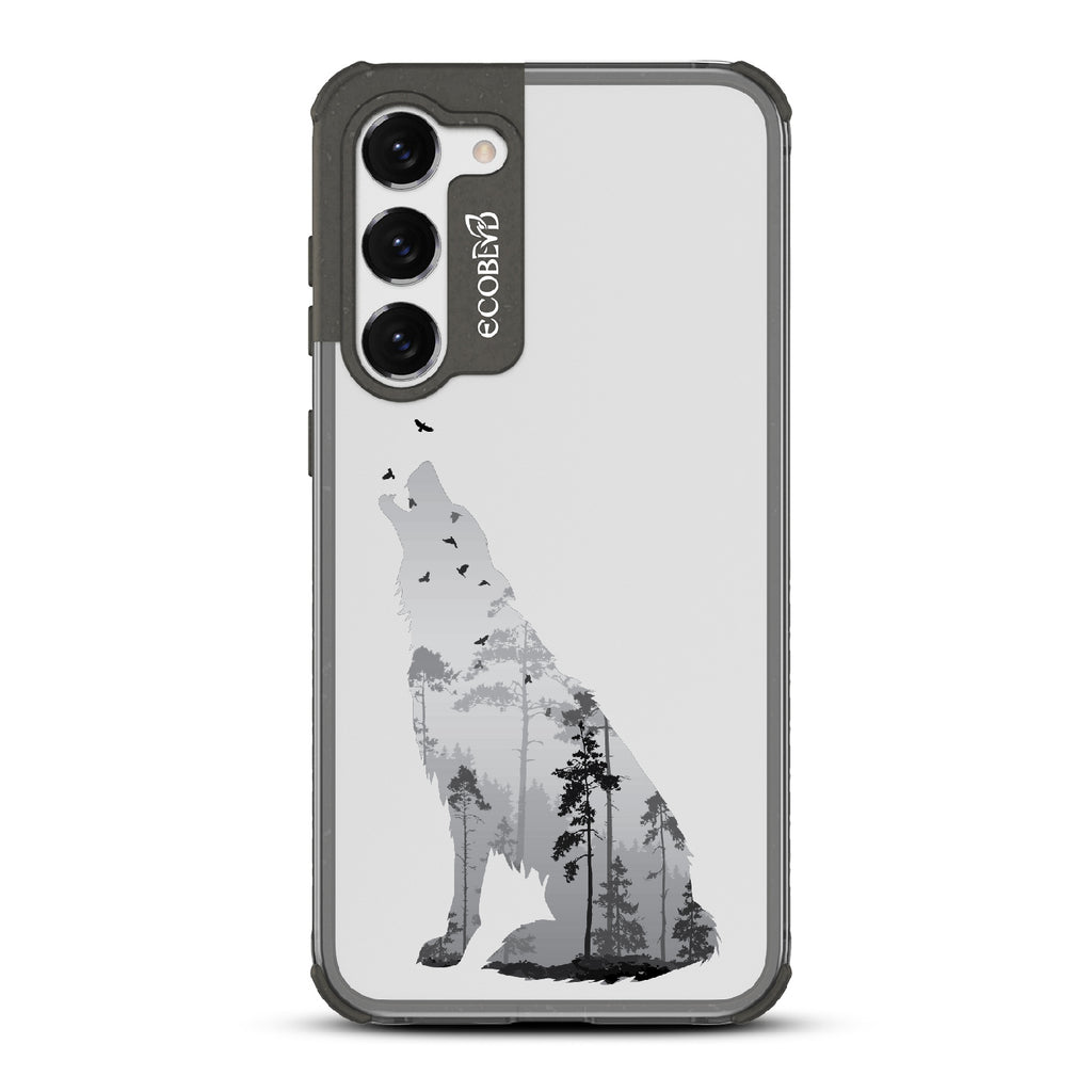 Howl at the Moon - Black Eco-Friendly Galaxy S23 Plus Case With A With Howling Wolf And Moonlit Woodlands Print On A Clear Back