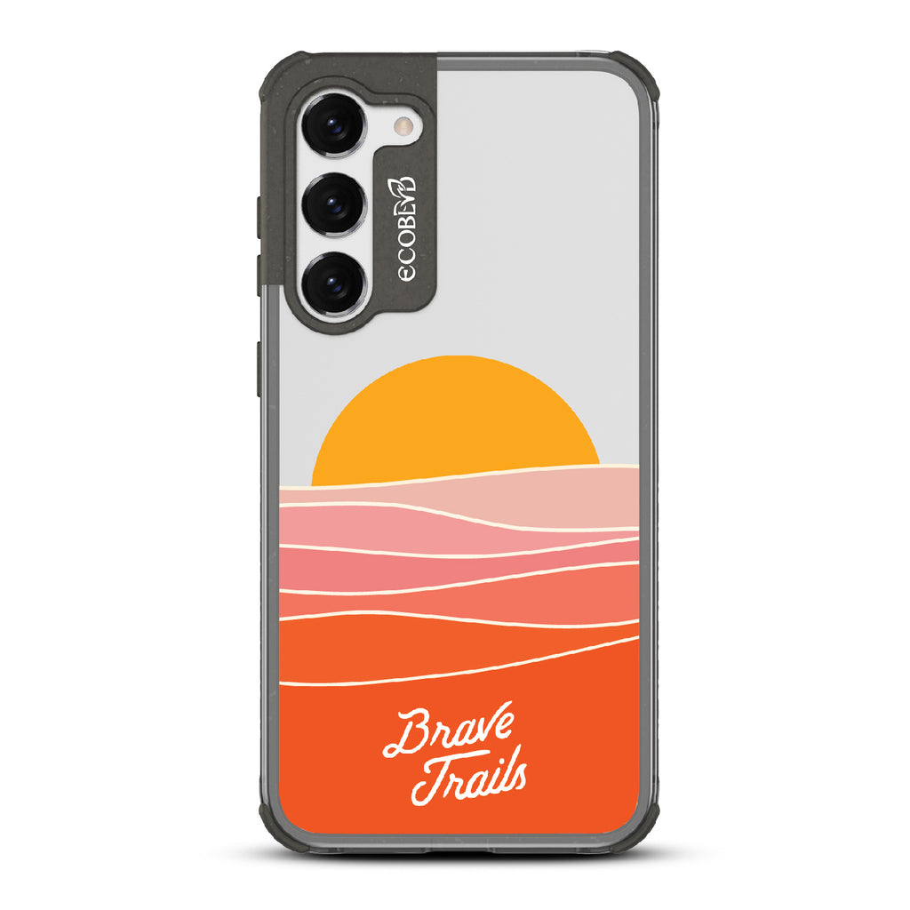 Enlightened X Brave Trails - Black Eco-Friendly Galaxy S23 Plus Case with Sun Rising Over Minimalist Hillside On Clear Back