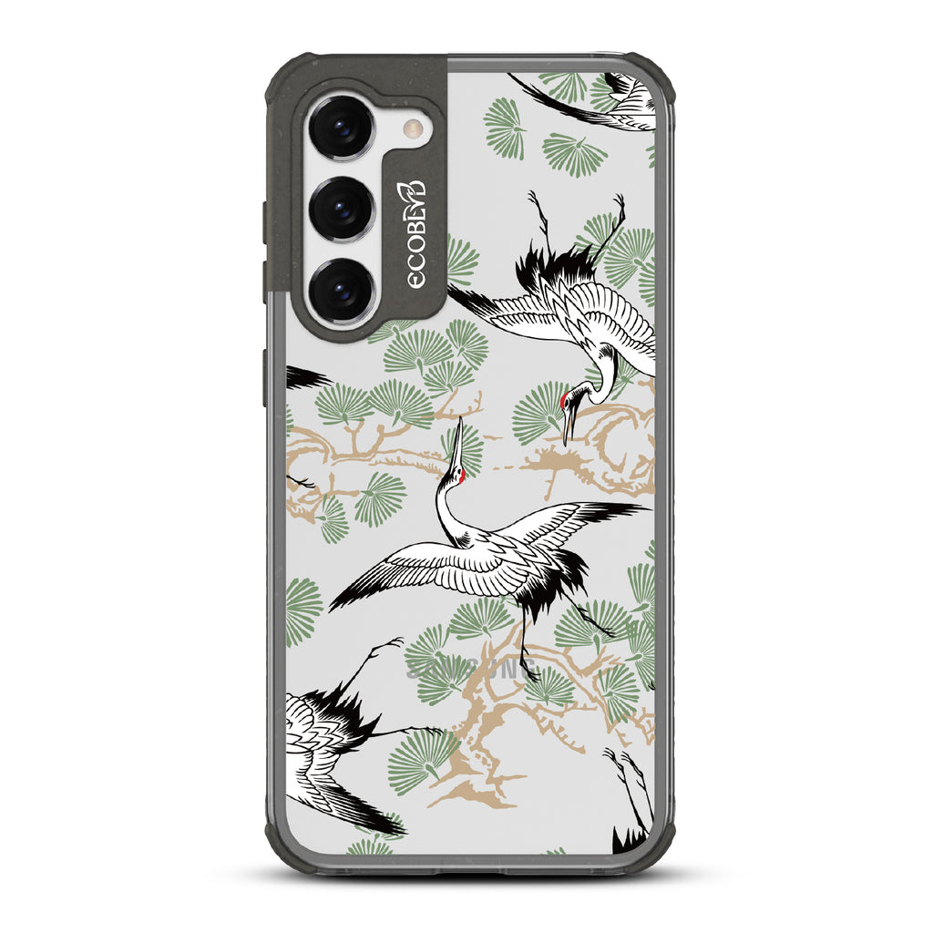 Graceful Crane - Black Eco-Friendly Galaxy S23 Case With Japanese Cranes Atop Branches On A Clear Back