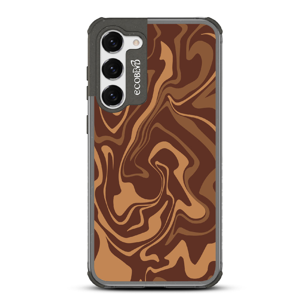 Samsung Galaxy S23 case, clear eco-friendly phone case with black ridges, back view, Stirred & Swirled design