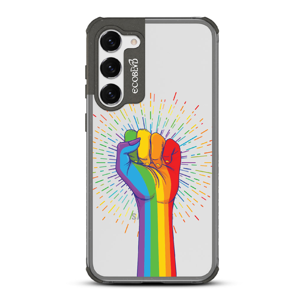 Rise With Pride - Black Eco-Friendly Galaxy S23 Case With Raised Fist In Rainbow Colors On A Clear Back