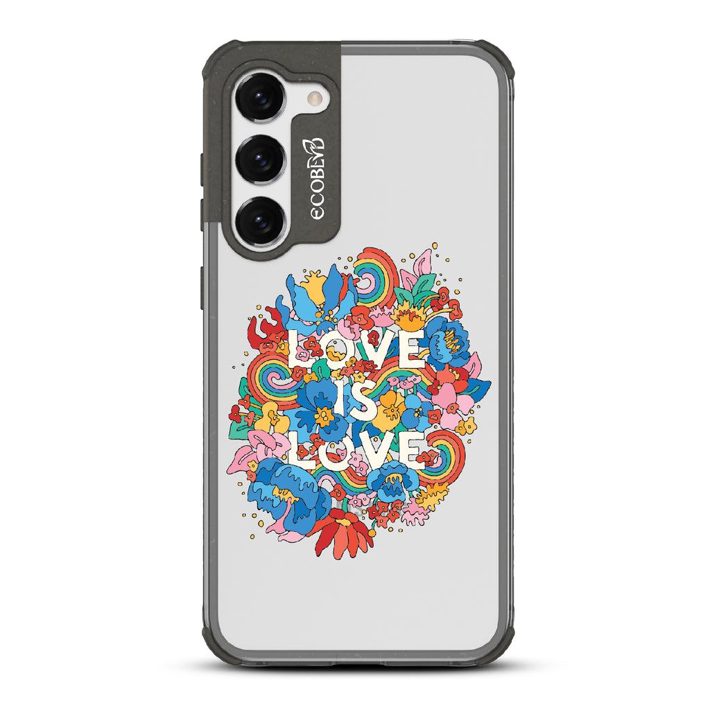 Ever-Blooming Love - Black Eco-Friendly Galaxy S23 Plus Case With Rainbows + Flowers, Love Is Love On A Clear Back
