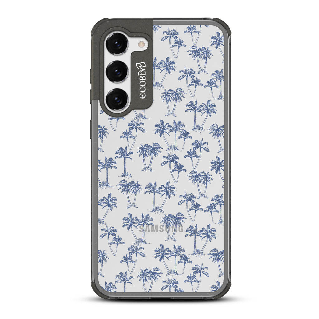   Endless Summer - Black Eco-Friendly Galaxy S23 Plus Case With 50's-Style Blue Palm Trees Print On A Clear Back