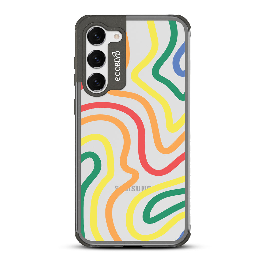 True Colors - Black Eco-Friendly Galaxy S23 Case With Abstract Lines In Different Colors Of The Rainbow On A Clear Back
