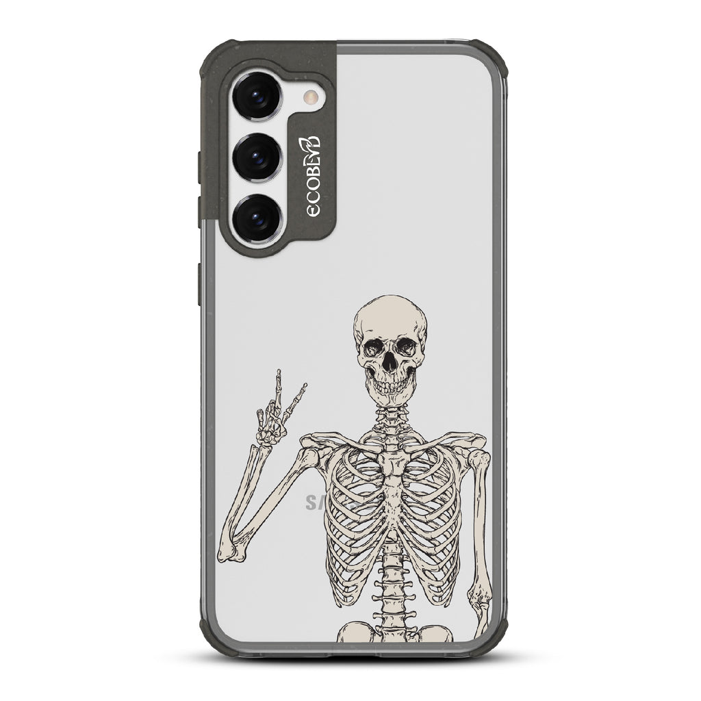 Creepin??????It Real - Black Eco-Friendly Galaxy S23 Case With Skeleton Giving A Peace Sign On A Clear Back