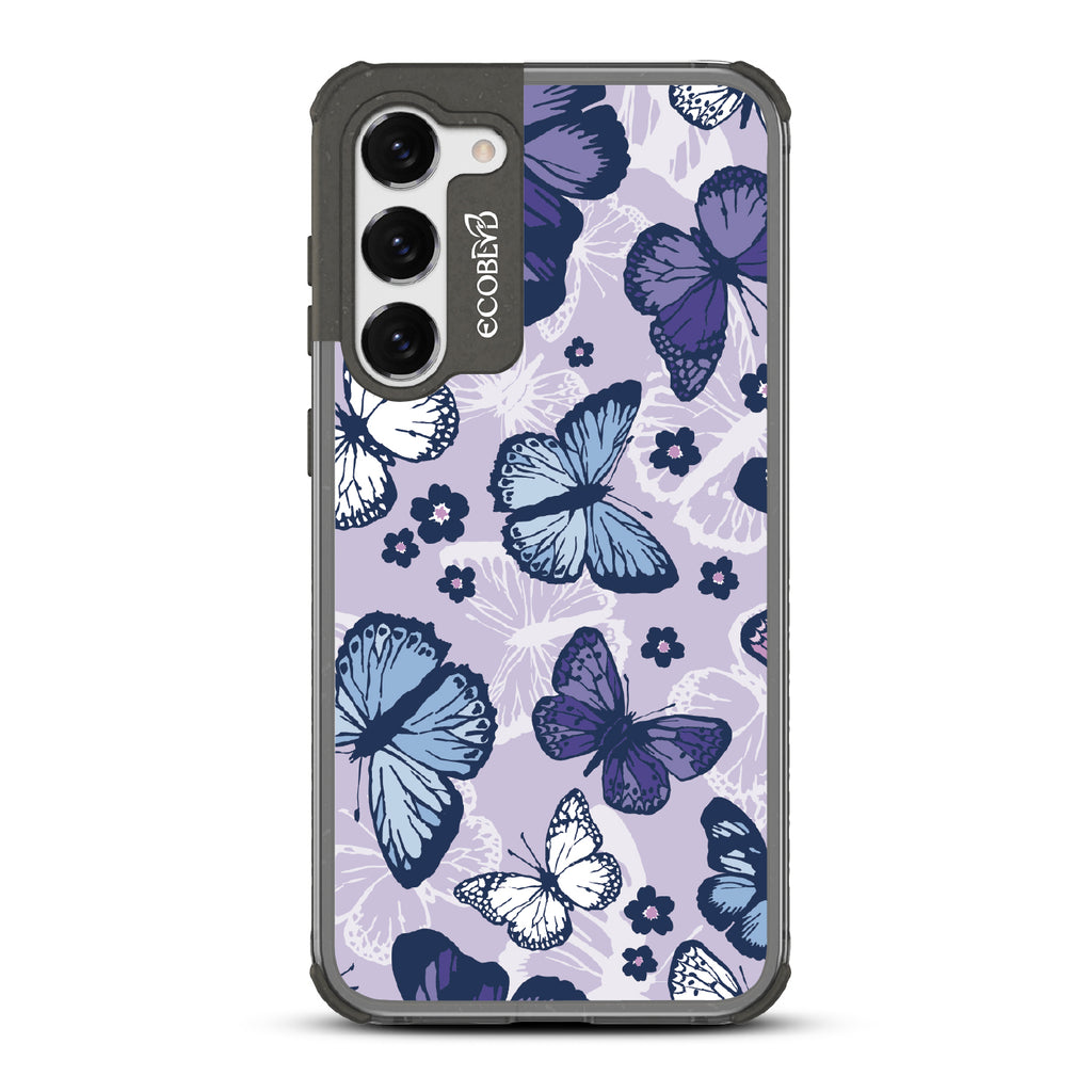 Deja Vu - Black Eco-Friendly Galaxy S23 Case With Blue, White, Purple Butterflies & Flowers On A Purple / Clear Back