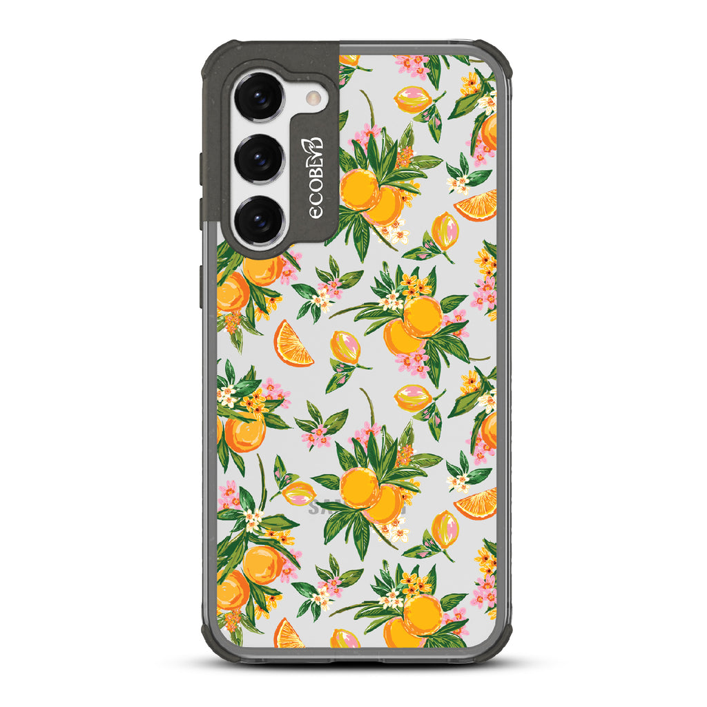 Orange Bliss - Black Eco-Friendly Galaxy S23 Case With Oranges, Orange Slices and Leaves On A Clear Back