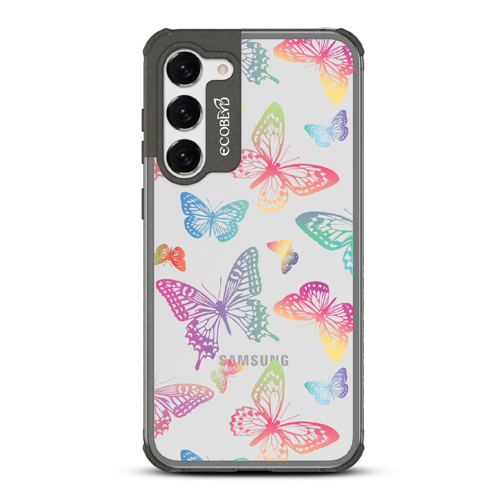 Butterfly Effect - Black Eco-Friendly Galaxy S23 Case With Multi-Colored Neon Butterflies On A Clear Back
