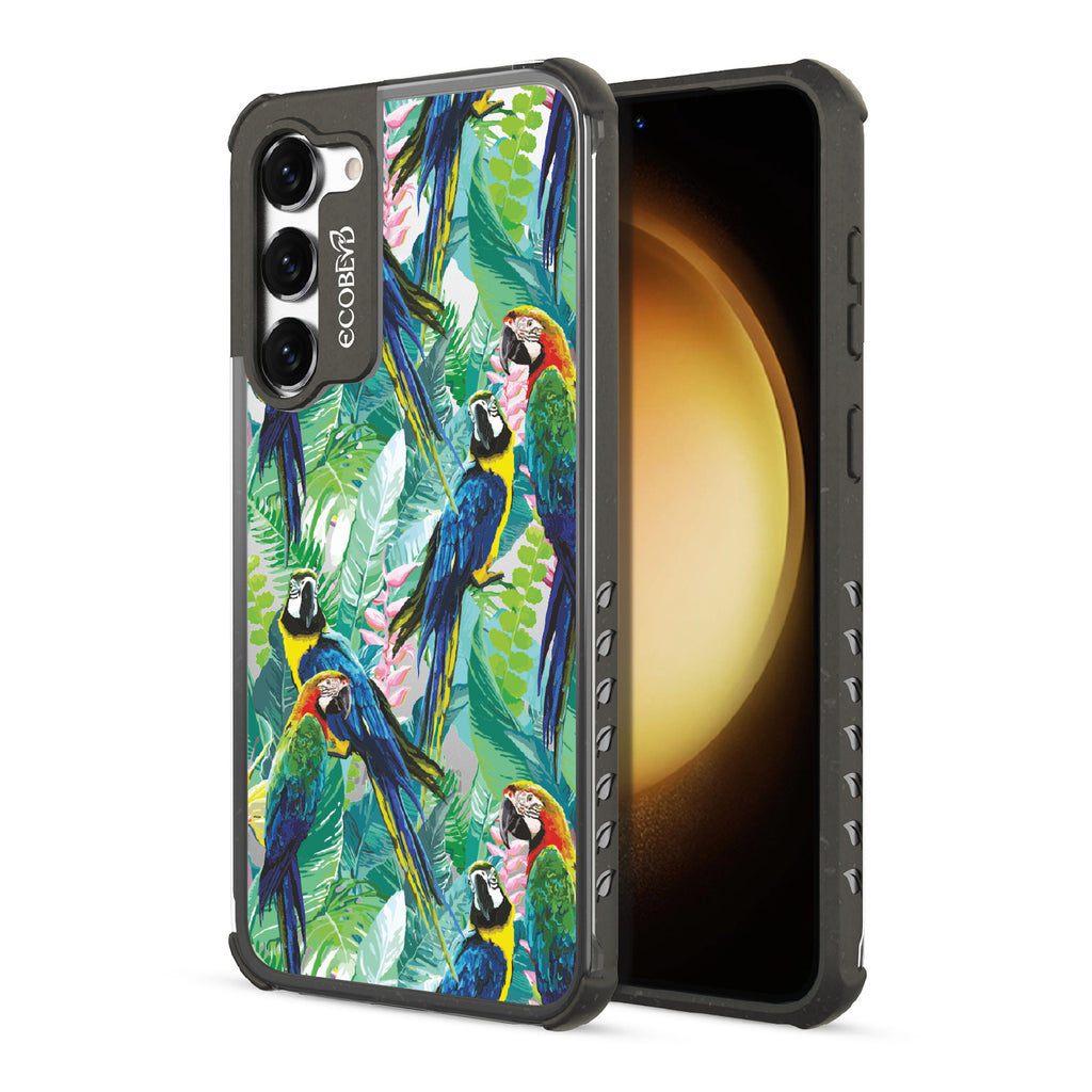 Macaw Medley - Back View Of Black & Clear Eco-Friendly Galaxy S23 Plus Case & A Front View Of The Screen