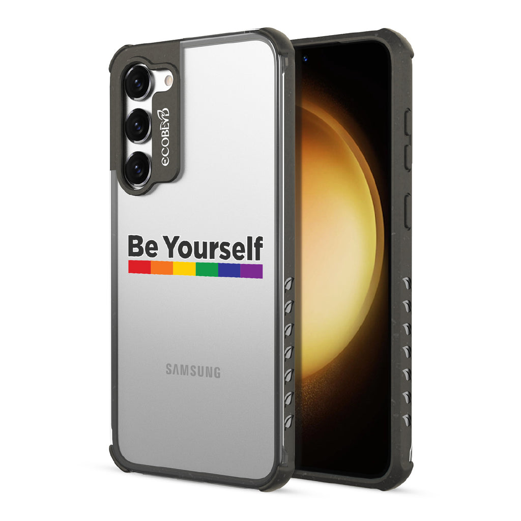 Be Yourself - Back View Of Black & Clear Eco-Friendly Galaxy S23 Plus Case & A Front View Of The Screen