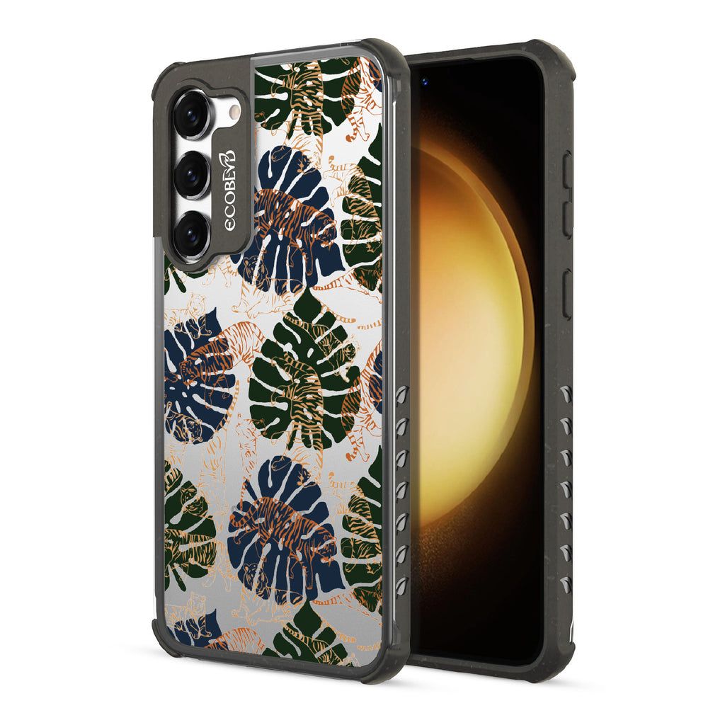 Tropic Roar - Back View Of Black & Clear Eco-Friendly Galaxy S23 Plus Case & A Front View Of The Screen
