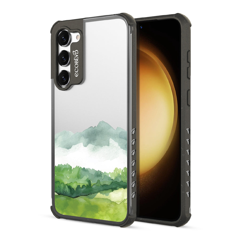 Front and back view of Samsung Galaxy S23 case, clear compostable phone case with black ridges, Open Horizon design