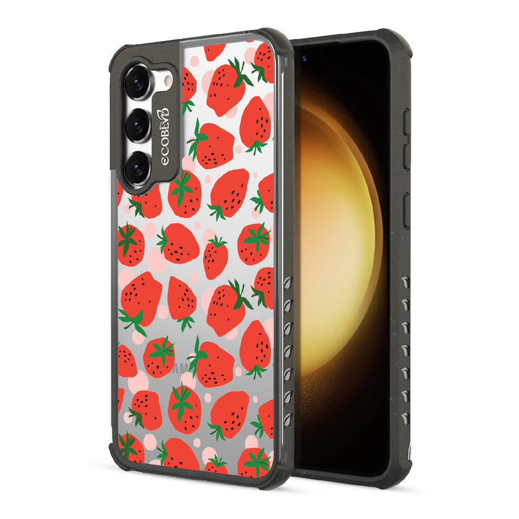Strawberry Fields - Back View Of Black & Clear Eco-Friendly Galaxy S23 Case & A Front View Of The Screen