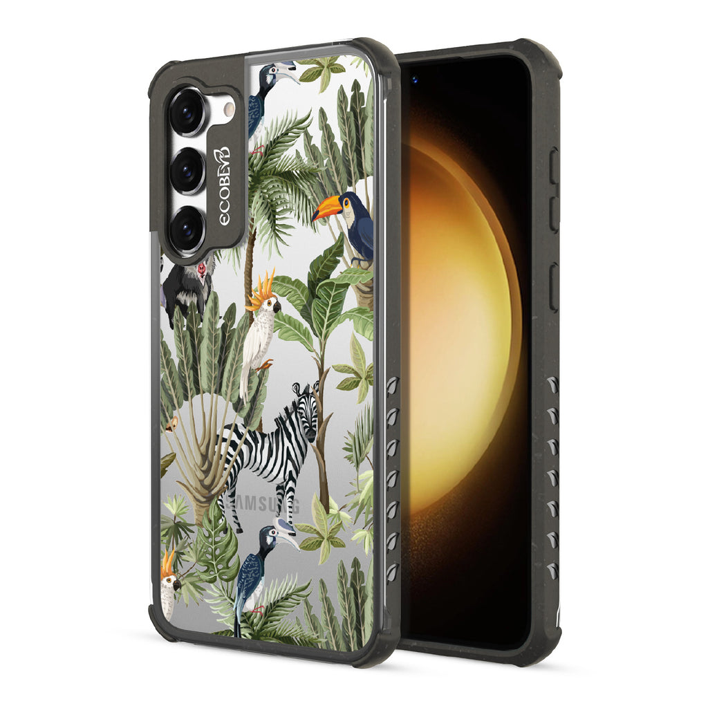 Toucan Play That Game - Back View Of Black & Clear Eco-Friendly Galaxy S23 Plus Case & A Front View Of The Screen