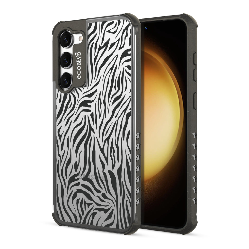 Zebra Print - Back View Of Black & Clear Eco-Friendly Galaxy S23 Case & A Front View Of The Screen
