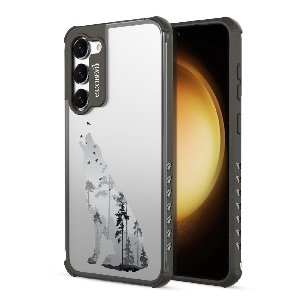 Howl at the Moon - Back View Of Black & Clear Eco-Friendly Galaxy S23 Plus Case & A Front View Of The Screen