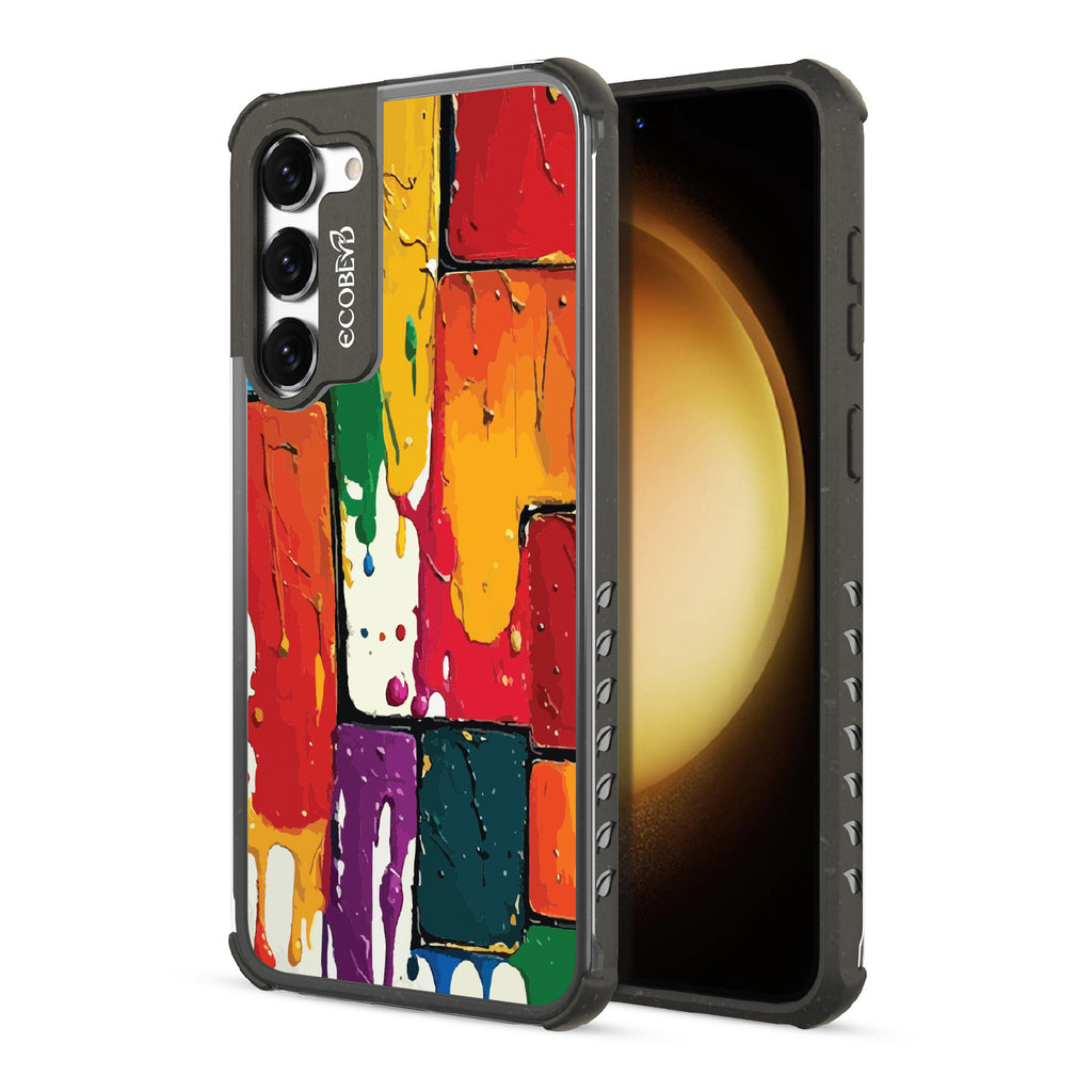 Front and back view of Samsung Galaxy S23 Plus case, clear compostable phone case with black ridges, Color Me Mine design