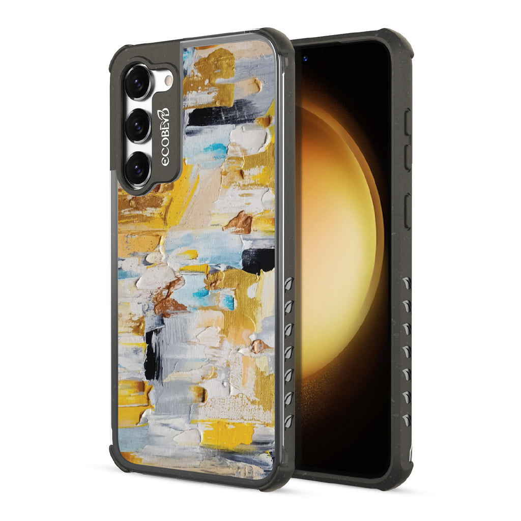 Front and back view of Samsung Galaxy S23 Plus case, clear compostable phone case with black ridges, Lighten Up design