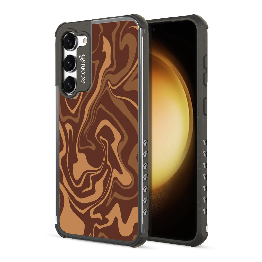 Front and back view of Samsung Galaxy S23 case, clear compostable phone case with black ridges, Stirred & Swirled design