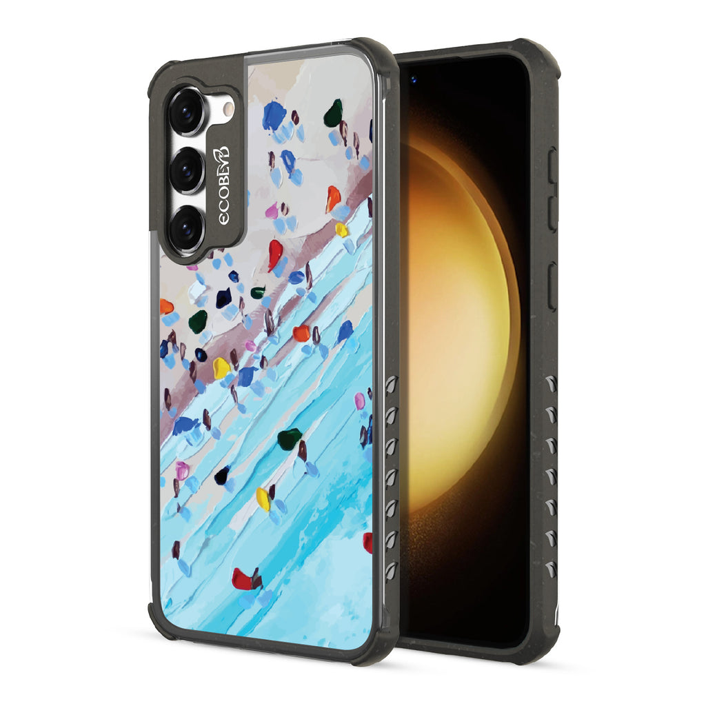 Front and back view of Samsung Galaxy S23 case, clear compostable phone case with black ridges, Waves of Color design