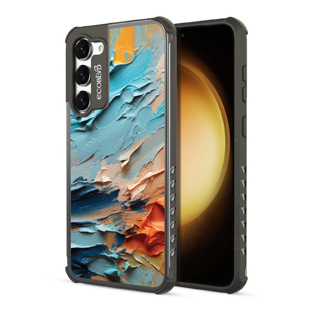 Front and back view of Samsung Galaxy S23 Plus case, clear compostable phone case with black ridges, Frame of Mind design