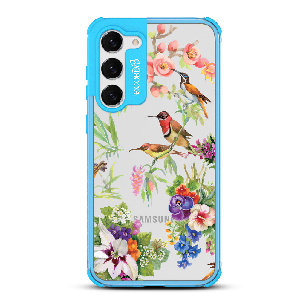 Sweet Nectar - Blue Eco-Friendly Galaxy S23 Case With Humming Birds, Colorful Garden Flowers On A Clear Back