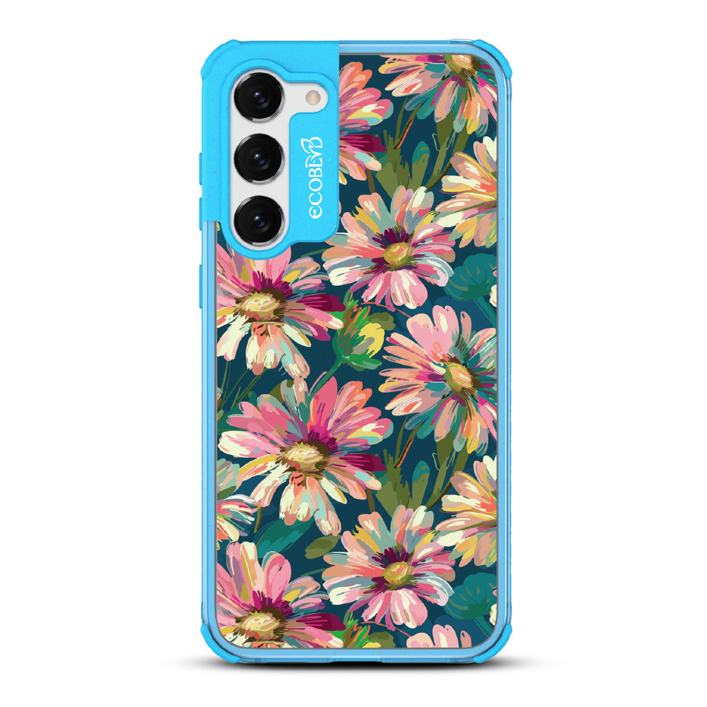 Samsung Galaxy S23 case, clear eco-friendly phone case with blue ridges, back view, Daisy Dusk design