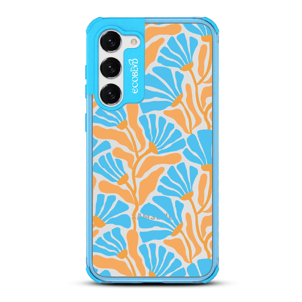 Floral Escape - Blue Eco-Friendly Galaxy S23 Plus Case With Tropical Flowers With Tan Base & Blue Petals On A Clear Back