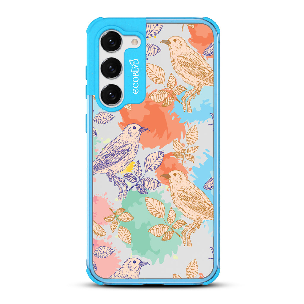 Perch Perfect - Blue Eco-Friendly Galaxy S23 Case With Birds On Branches & Splashes Of Color On A Clear Back