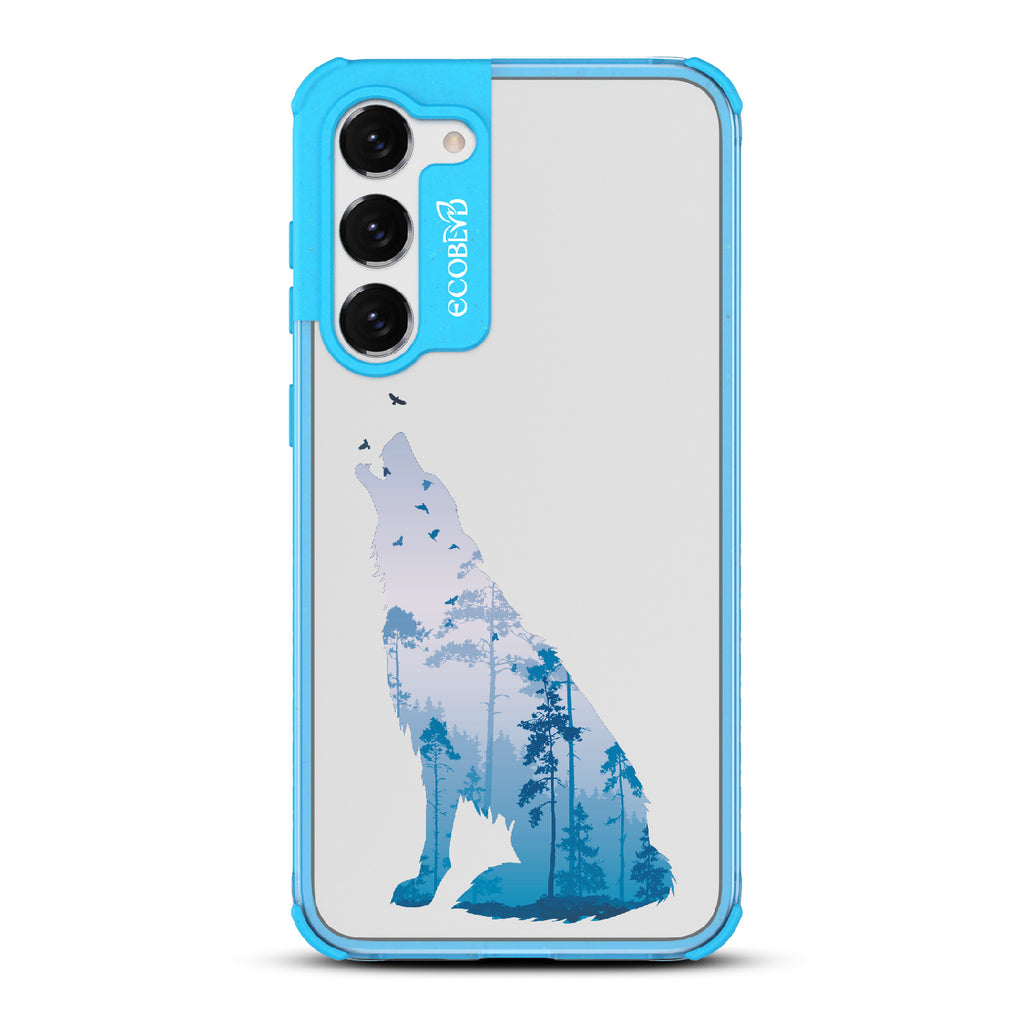 Howl at the Moon - Blue Eco-Friendly Galaxy S23 Case With A With Howling Wolf And Moonlit Woodlands Print On A Clear Back
