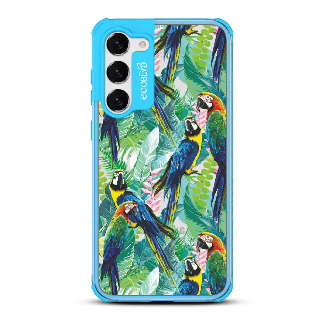 Macaw Medley - Blue Eco-Friendly Galaxy S23 Plus Case With Macaws & Tropical Leaves On A Clear Back