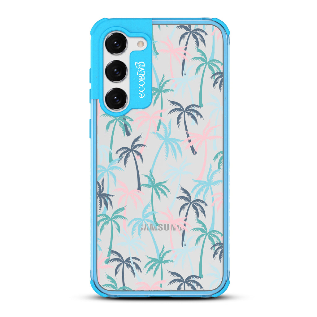 Cruel Summer - Blue Eco-Friendly Galaxy S23 Case With Hotline Miami Colored Tropical Palm Trees On A Clear Back