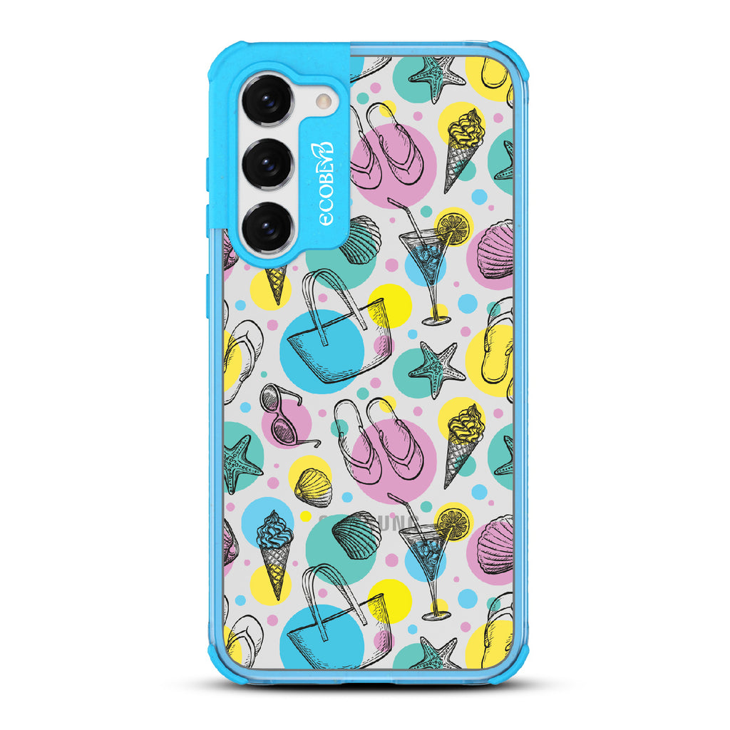 Beach Please - Blue Eco-Friendly Galaxy S23 Plus Case With Sandals, Sunglasses, Beach Tote, Ice Cream & More On A Clear Back