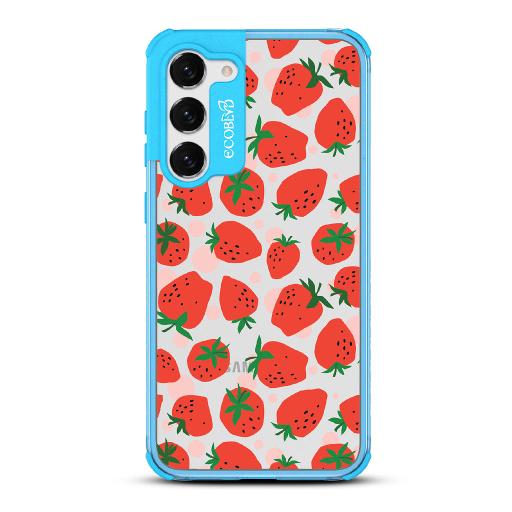 Strawberry Fields - Blue Eco-Friendly Galaxy S23 Case With Strawberries On A Clear Back