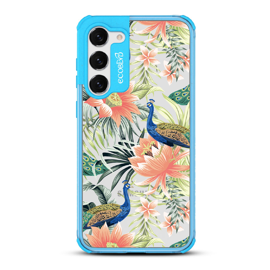 Peacock Palace - Blue Eco-Friendly Galaxy S23 Plus Case With Peacocks + Colorful Tropical Fauna On A Clear Back